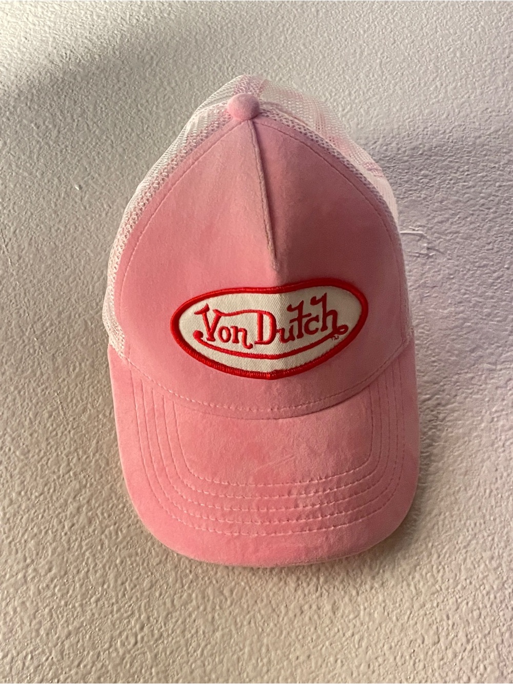 Von Dutch Pink and White Trucker Hat with Red Logo